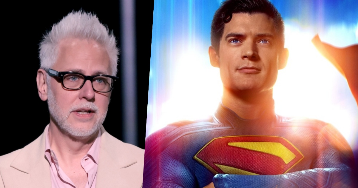 un primo piano di James Gunn e il poster di Superman