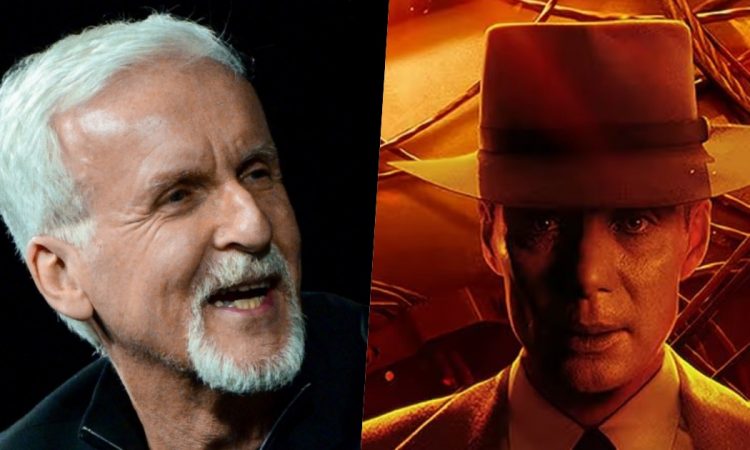 primo piano di James Cameron e il poster di Oppenheimer