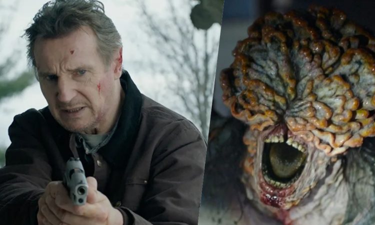 primo piano di Liam neeson e un frame di The Last of us
